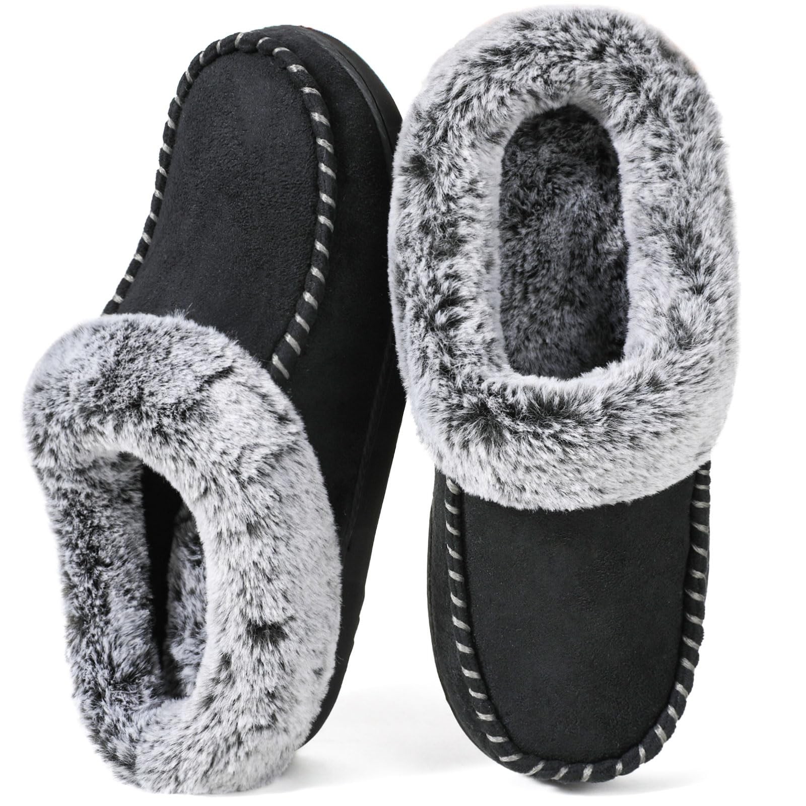 Women's Memory Foam House Slippers with Hard Bottom, Fur Lined House Shoes wi...