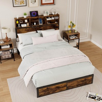 Full Bed Frame w/  Headboard Under-bed Storage Space Charging Station Storage
