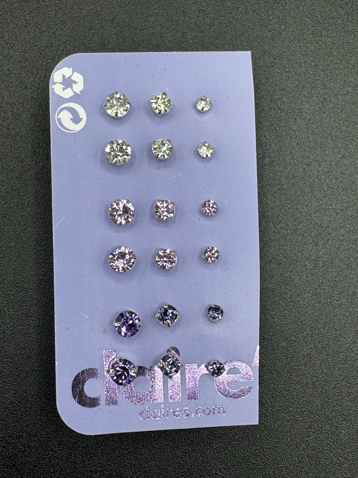 Claire’s 9 Pair Rhinestone Stud Earrings Set Clear Purple Crystal Graduated NWT