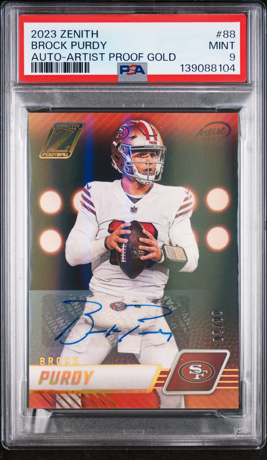 2023 PANINI ZENITH AUTO-ARTIST PROOF GOLD #88 BROCK PURDY 8/10 PSA 9