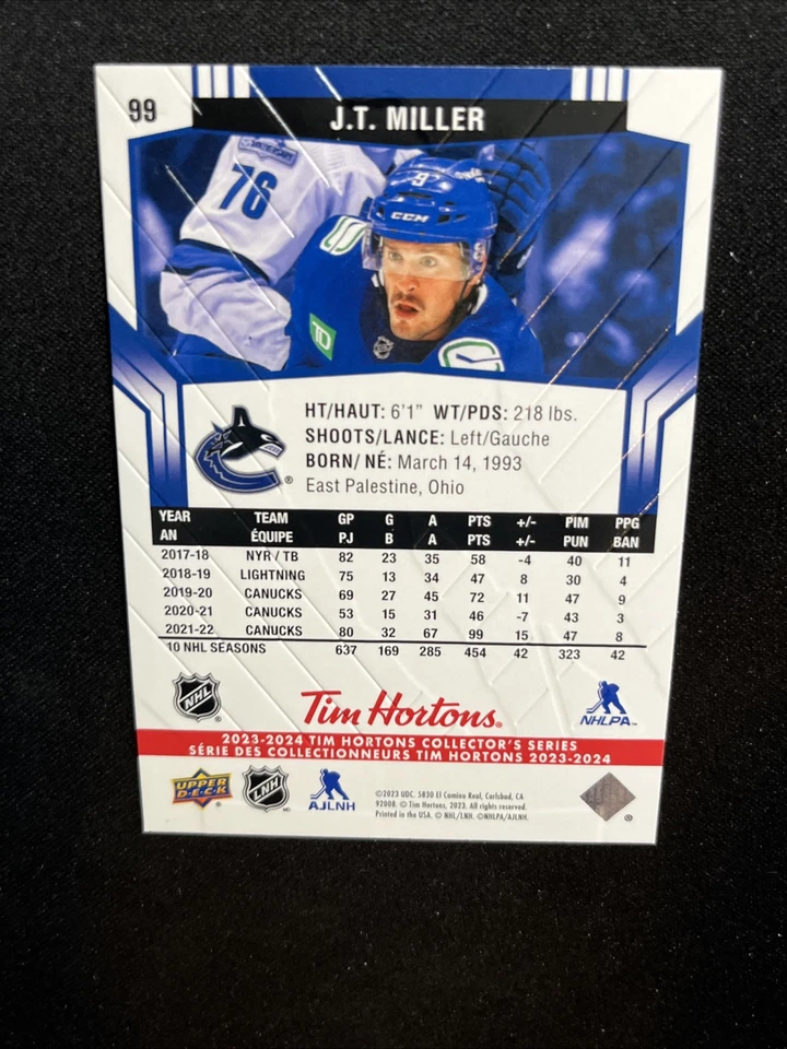 23-24 UD Tim Hortons Collectors Series 99 J.T. Miller - Image 2 of 2