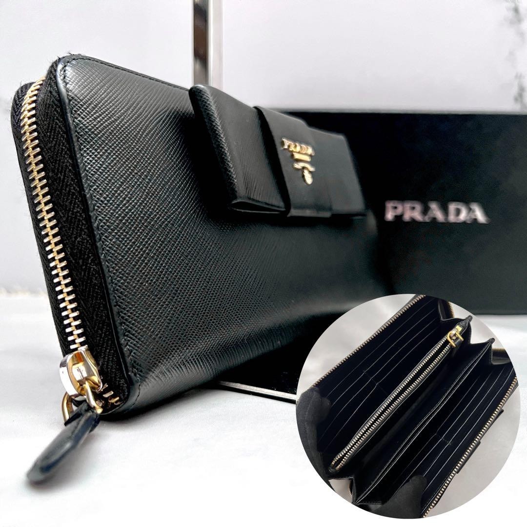 Prada Saffiano Leather Long Wallet Black Gold Logo Ribbon Bifold