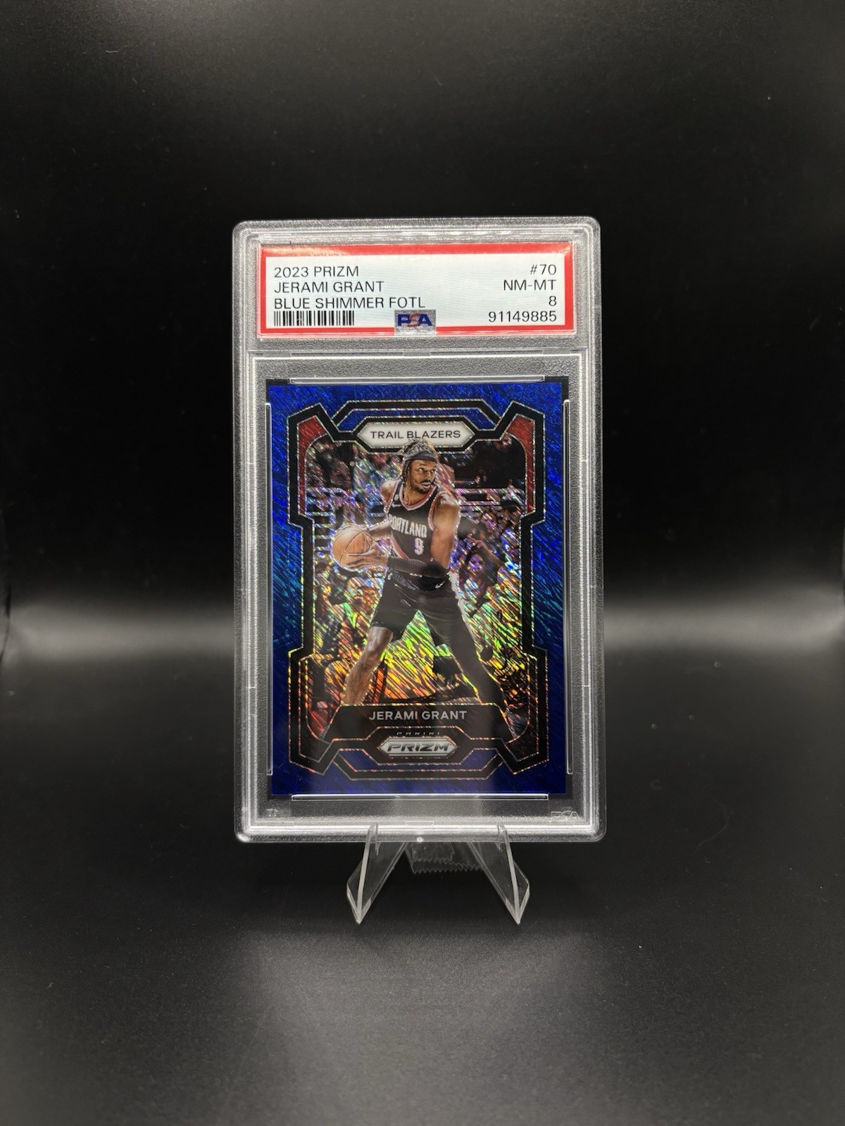 2023-24 Panini Prizm FOTL FOTL Blue Shimmer Prizm /35 Jerami Grant #70 PSA 8