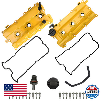 Mitzone Aluminum Valve Cover Set Yellow Front Rear Compatible 2002-2009 Nissan