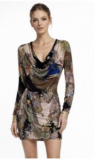 Sky Mini Dress Floral Large Gold Cuffs Long Sleeves Cowl Neck Viscose Bodycon