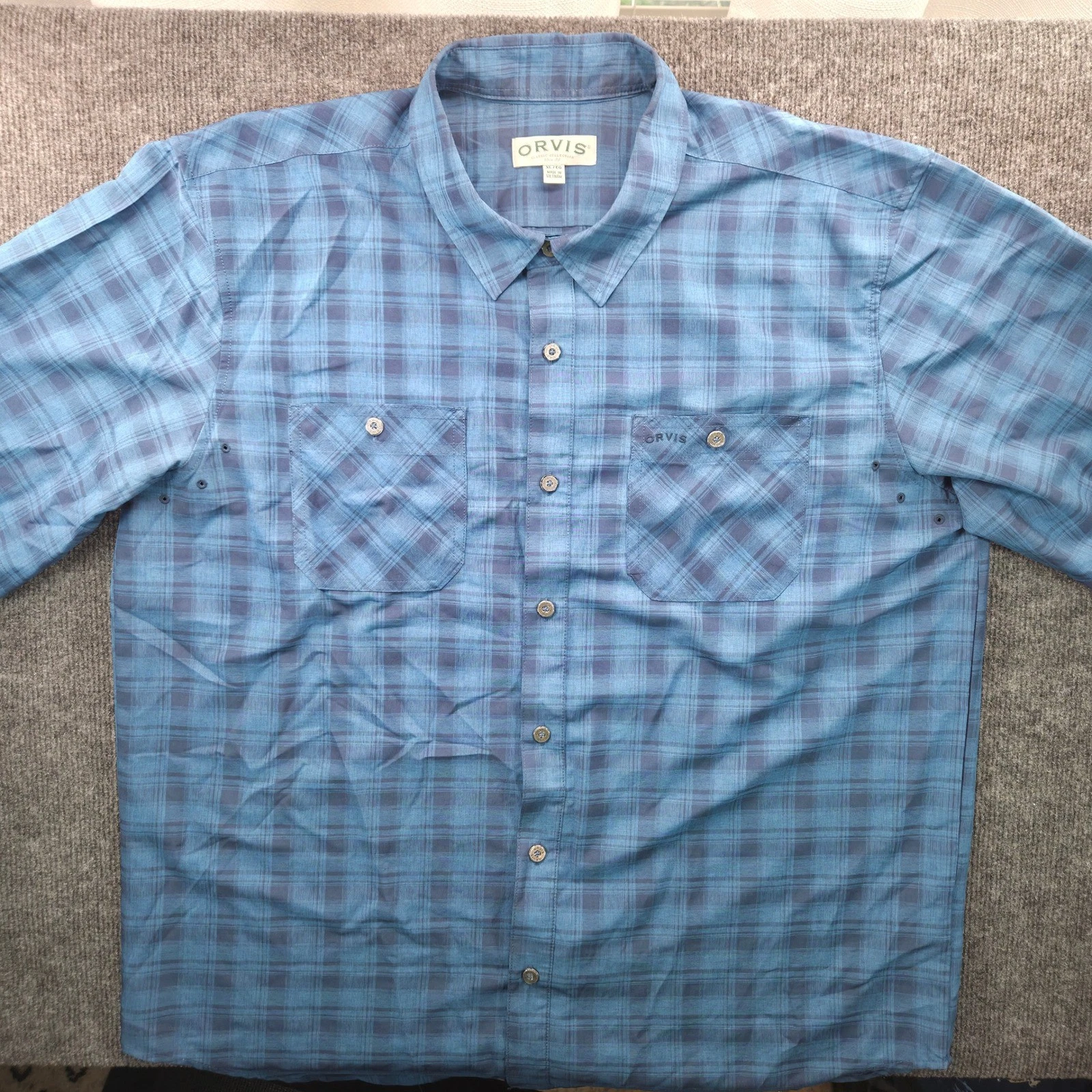 Orvis Plaid Fishing Shirt Mens XL Blue Short Sleeve Technical Trail Gorpcore
