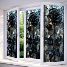 IVN Privacy Window Film Stained Glass Window Cling Blue Rose Design Static Cl...