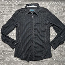 Roar Signature Black Pin Stripe L/ S Button up Embroidered Shirt Mens Small