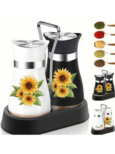 Sunflower Salt & Pepper Shaker Set with Holder – Cute Glass Kitchen Decor