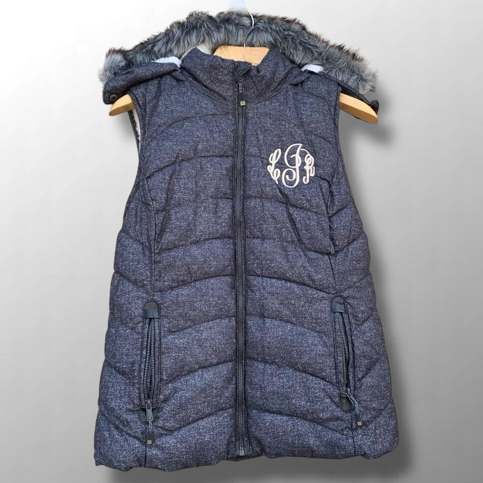 Green Tea Puffer Vest Gray Hooded Women’s Size L Faux Fur Linning Embroidered - Image 2 of 4