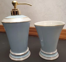 Porcelain Bathroom Sink Set - Blue with Ivory & Gold Accents - Soap Dispenser...