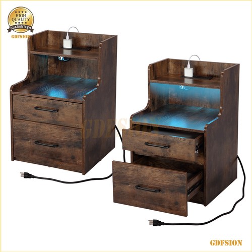 Nightstands Set Of 2 With Charging Station LED Bedside Tables White/Brown/Black - Picture 40 of 54
