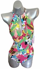 Anne Cole One Piece Womens Swimsuit Size 6 Pink Green Floral Keyhole Cutout NEW