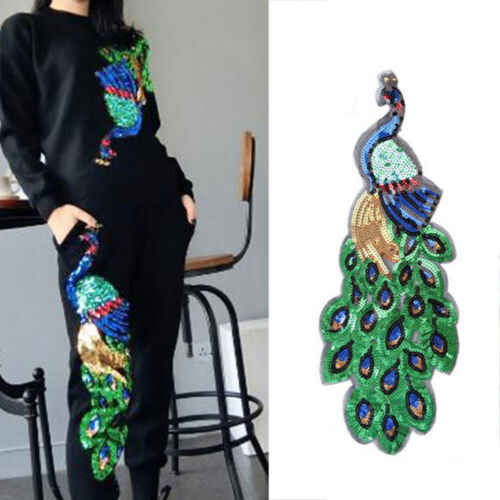 Peacock Sequins Embroidered Patch Large Glitter Clothing Jeans Applique Sew on * - Afbeelding 1 van 10