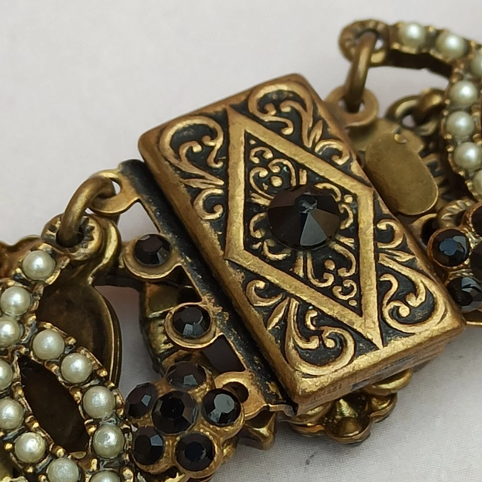 Michal Negrin Bracelet Wide Pearls and Black Crystals Art Deco Gothic Geometric - Image 4 of 4