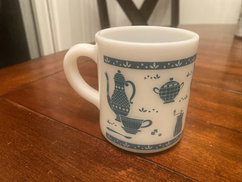 Vintage Hazel Atlas KITCHEN AIDS Coffee Tea Mugs Aqua on White
