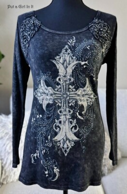 USA New VOCAL APPAREL Y2K Womens CRYSTAL BLACK CROSS CROCHET LACE SHIRT XL
