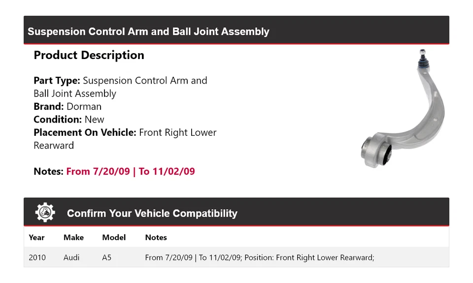 Conjunto de junta esférica de braço de controle Audi A5 Dorman 2010 - Imagem 2 de 3