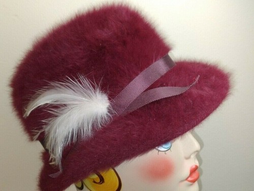 Vintage Antique Millinery Maroon / Wine Rabbit Fur Fedora Cap Hat MEDIUM USED - Picture 2 of 5
