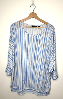 Susan Graver Weekend Top 3X Printed Cool Touch Dolman Banded Stripe Blue Beach