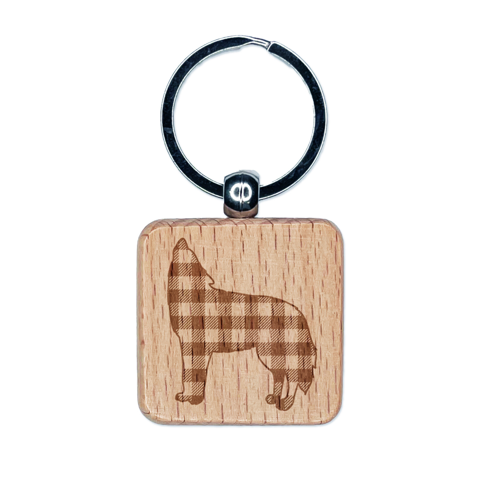 Plaid Howling Wolf Buffalo Engraved Wood Square Keychain Charm  