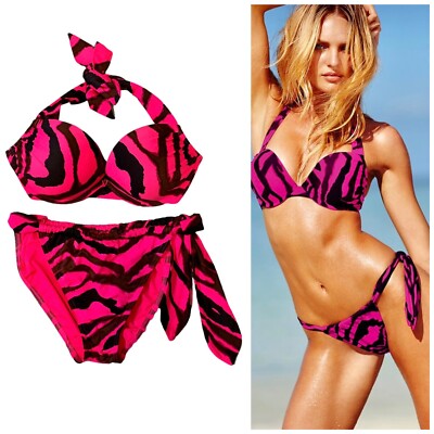 Victoria's Secret 34B Bombshell Add 2 Cups Push Up Halter Bikini Swim Zebra