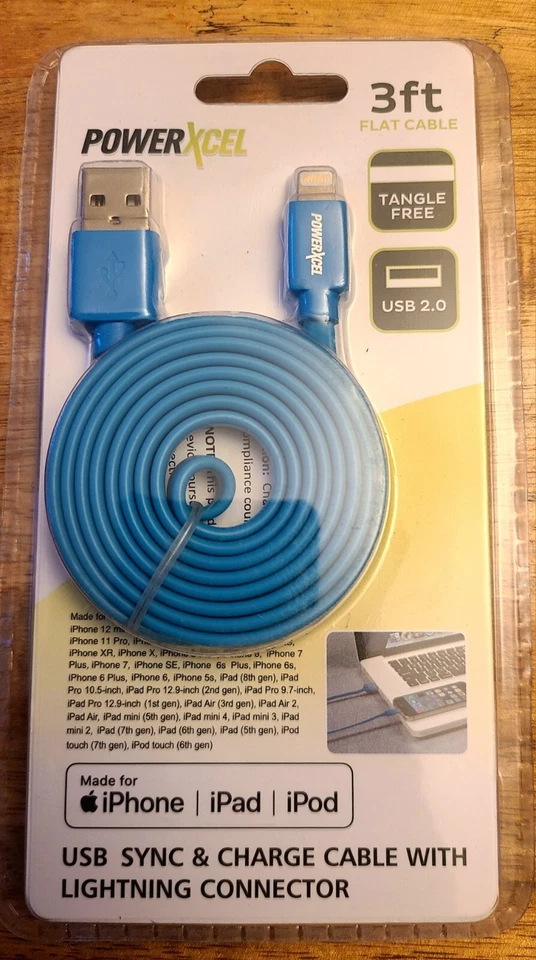🔥PowerXcel 3ft Flat Cable USB Blue Charger For iPad iPhone iPod New🔥 - Image 2 of 3