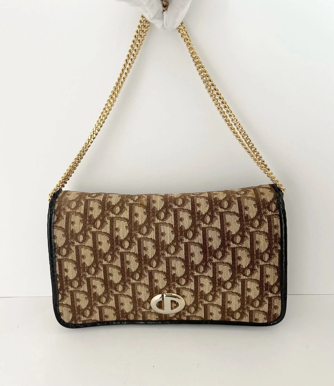 Sac à main bandoulière Christian Dior vintage trotteur toile cuir chaîne marron JPN