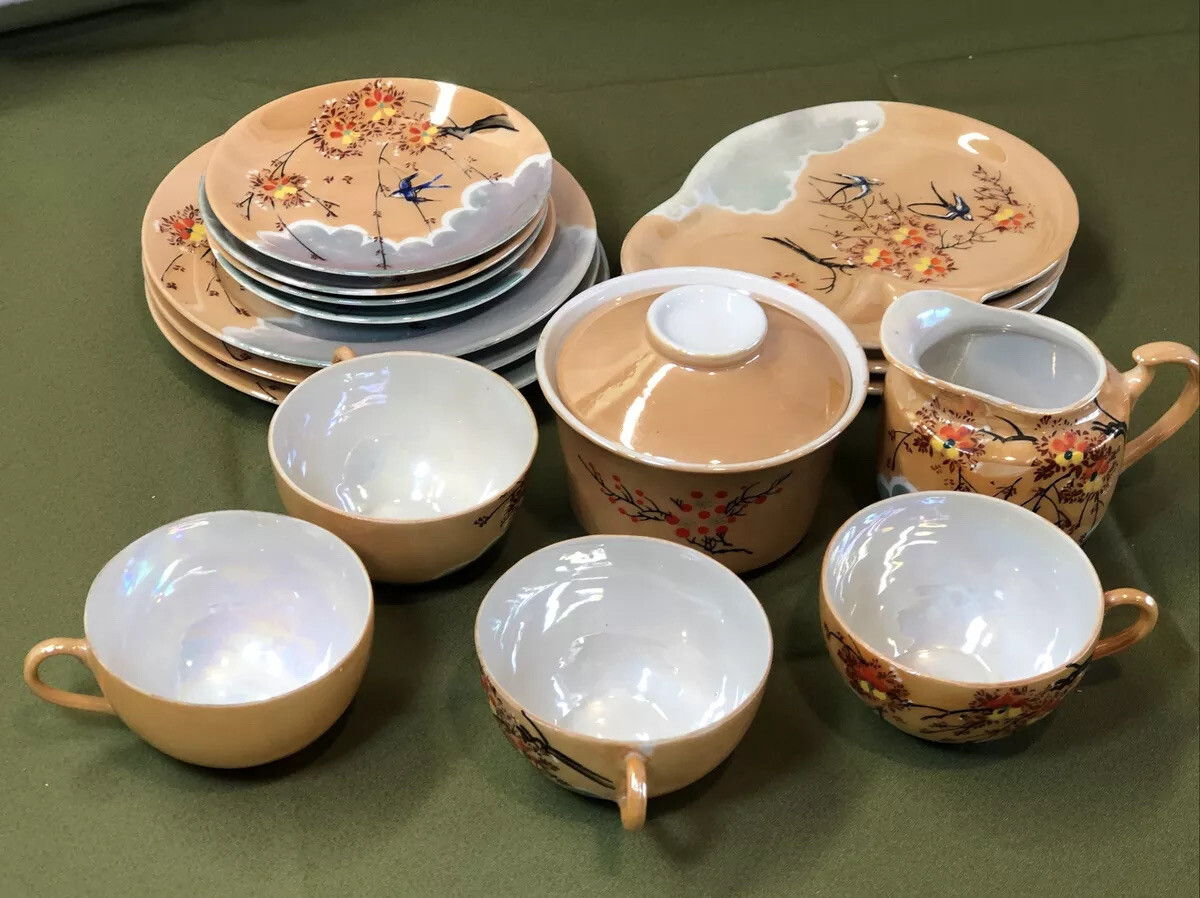 Vtg Lot Of 16Pcs Hand Paint Dinnerware Flowers Birds Iridescent