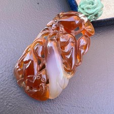 Large Vintage Art Deco Chinese deeply Carved Carnelian Turquoise Rat Fruit Pend