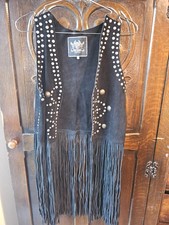 Vintage styl SMALL Woman Real Leather River Island Studded & Fringed Lace Vest.