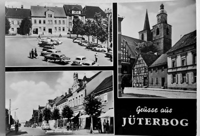 AK Grüsse aus Jüterbog, Platz der Jugend, Joliot-Curie-Strasse, Autos,1969