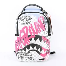 Sprayground Shark Poetry Dlxsv Leather Backpack Zippered Unisex Plaid Pink Gray