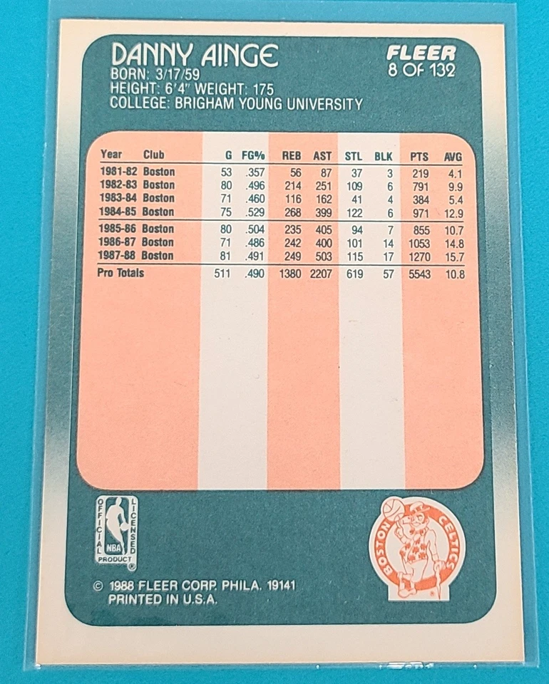 1988-89 Fleer #8 Danny Ainge Boston Celtics BASKETBALL Card S6 - Image 2 of 2