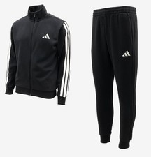 Adidas Men 3-Stripe Fleece Track Training Black Suit Set Run Jacket Pant JI8878