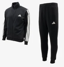 Adidas Men 3-Stripe Fleece Track Training Black Suit Set Run Jacket Pant JI8878