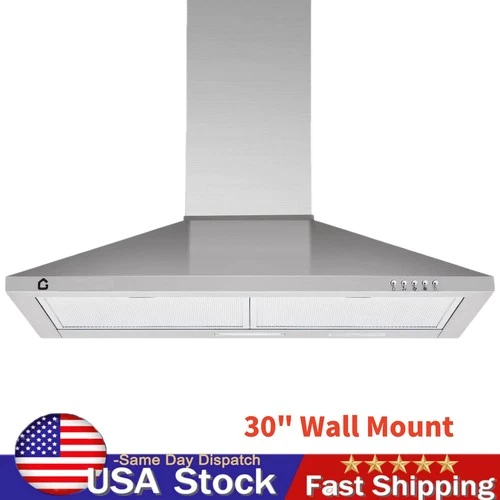 30" Wall Mount Range Hood 250 CFM LED Lights Convertible Duct / Ductless Kitchen