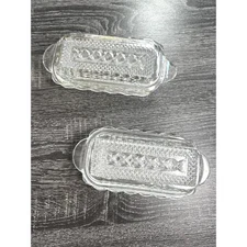 Vintage Clear Glass Butter Dish with Lid Diamond Starburst Pattern Set of 2