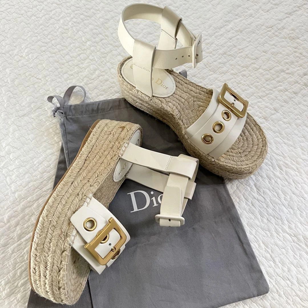 Christian Dior Espadrilles Logo D Sandales 36 Cuir Blanc Authentique