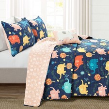 Hygge Elephant Reversible Quilt Queen Size 4 Piece Set Full/Queen Navy  Mult...
