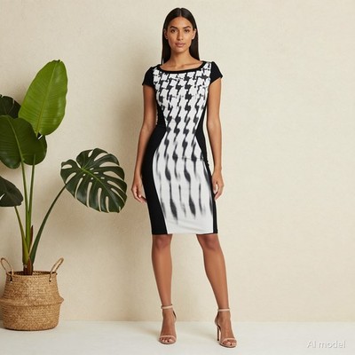 Karen Millen Abend Extravagant Midi Kleid Schwarz Weiß Hahnentritt Gr. 36