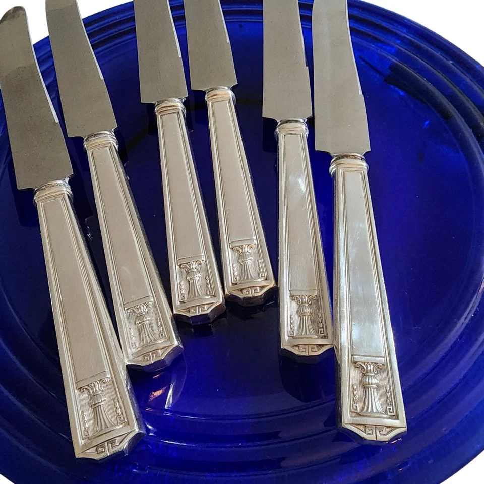 6 HOLMES Edwards CENTURY Dinner Entree Knife Set Super Plate 1923 Art Deco  - Image 2 of 3