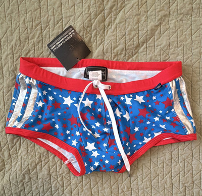 Andrew Christian Star Print Swim Brief Trunks Drawstring Stretch Lined M
