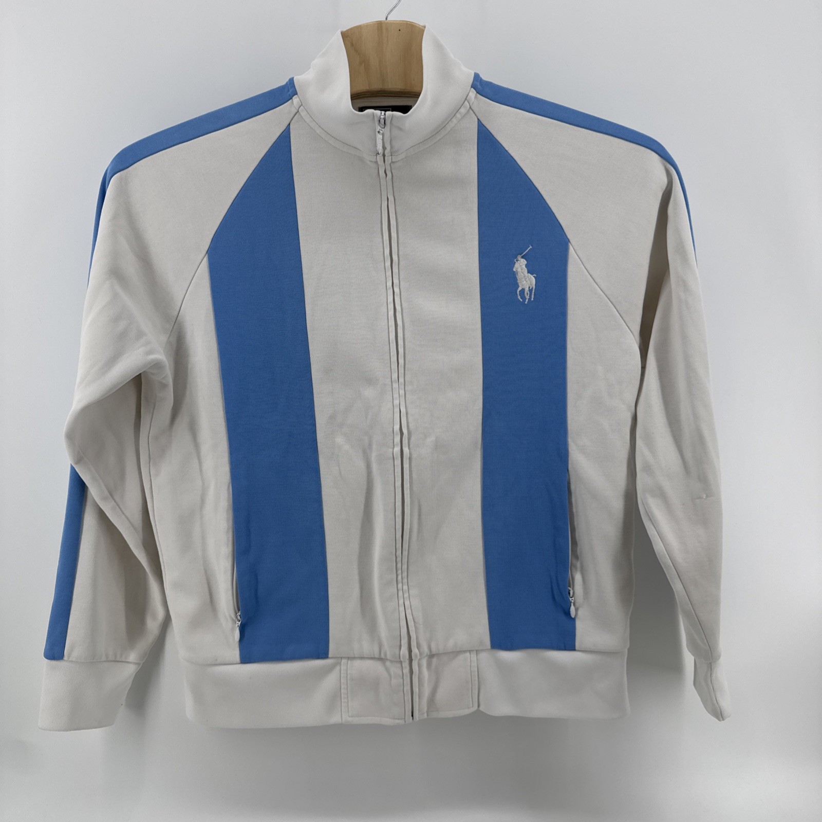 Polo Ralph Lauren Track Jacket Mens L White Blue Full Zip Stripe Pony Logo
