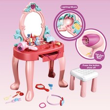 Toddler Makeup Table with Mirror and Chair Kids Vanity Set w/ Blowdryer for 3+ #