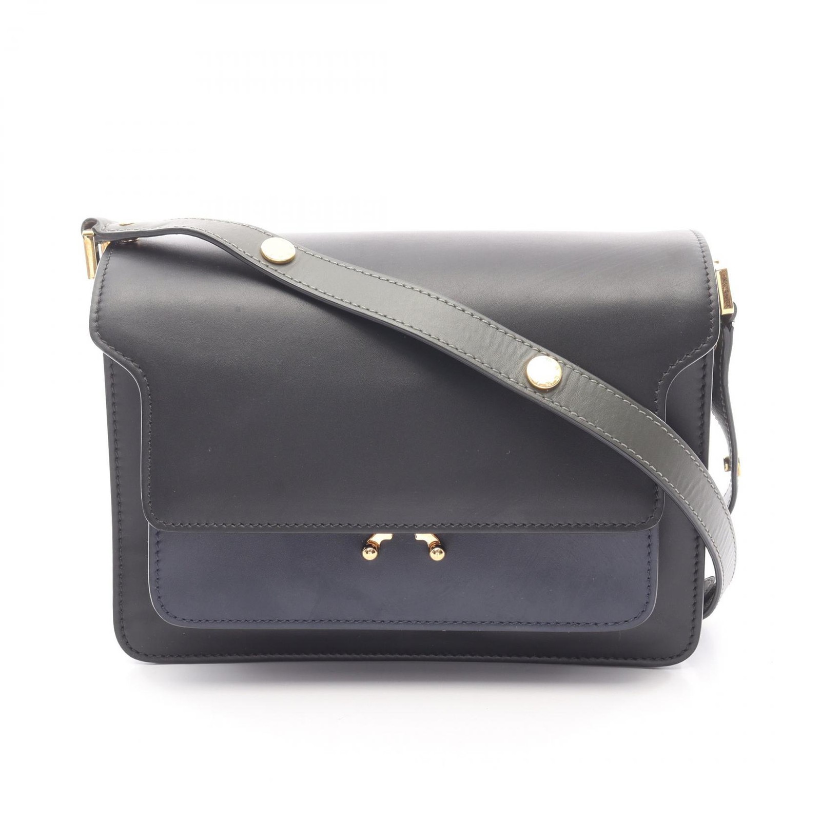 MARNI TRUNK Medium Shoulder Bag leather Black Navy Used Women