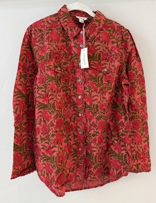 NWT Sundance Catalog Red Green Floral Eyelet  Rhea Shirt  Size S $128