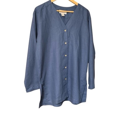Giorgio Sant Angelo Tunic Top M Linen Blend VNeck Long Sleeve Lagenlook Blue NWT