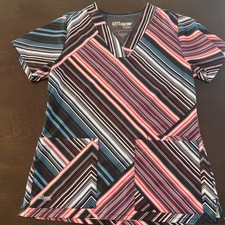 Grey  s Anatomy Women  s Scrub Top Small Pink Striped V-Neck Short Sleeve Pocket