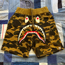 A Bathing Ape BAPE Green Camo Shark Face Fleece Cotton Sweat Shorts